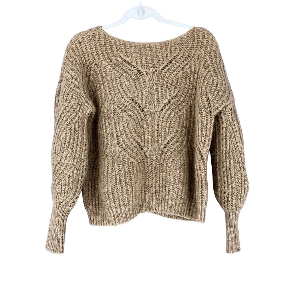 Sezane Gisele Sweater Small Camel Brown Kid Mohair Merino Wool Knit Chevron Rib - Picture 2 of 9